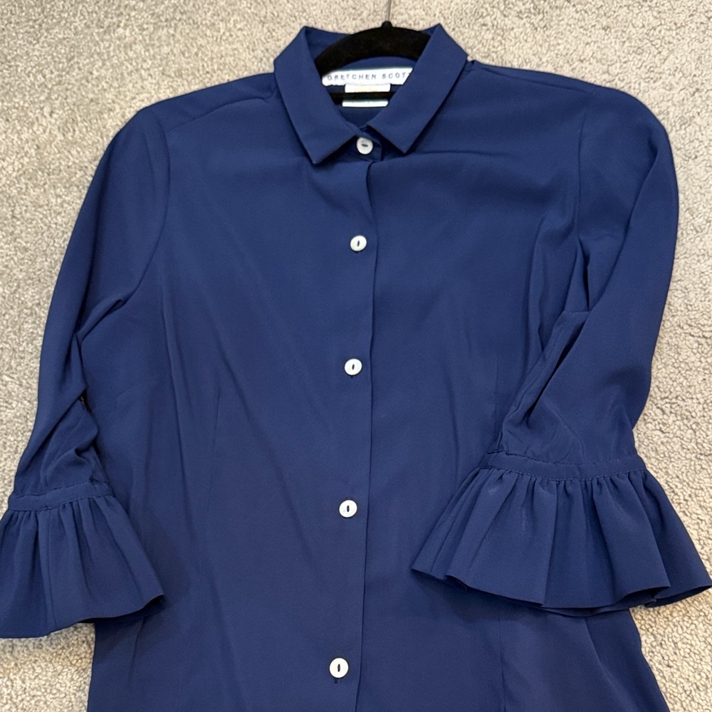 NWOT Gretchen Scott Designs Navy Button Down with Ruffle Sleeves